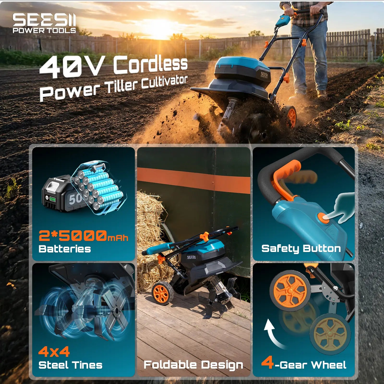 🔥Summer Sale-40V Cordless Electric Garden Tiller,Foldable Cordless Rototiller With 2*5000mAh Batteries