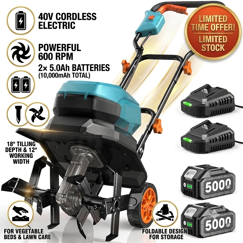 🔥Summer Sale-40V Cordless Electric Garden Tiller,Foldable Cordless Rototiller With 2*5000mAh Batteries