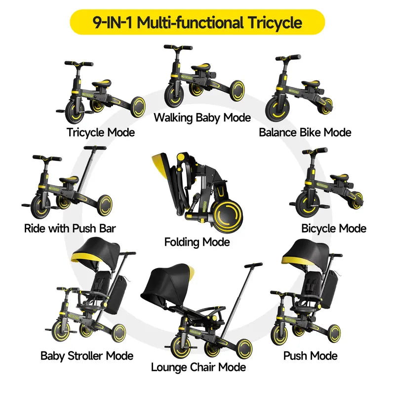 9-in-1 Toddler Tricycle | Anti-Tip Chassis + Easy Folding | Shock-Absorbing PU Wheels