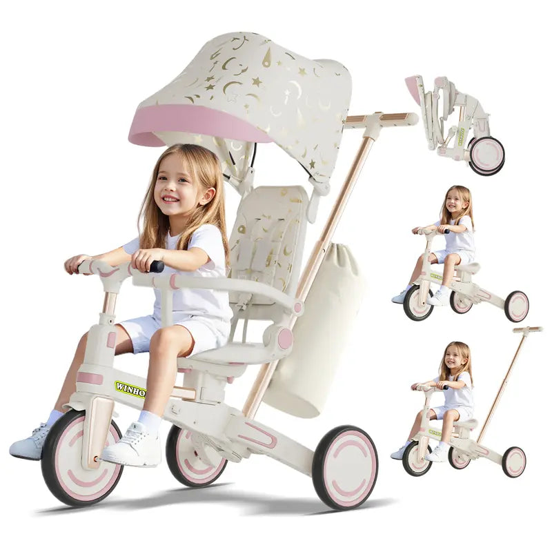 9-in-1 Toddler Tricycle | Anti-Tip Chassis + Easy Folding | Shock-Absorbing PU Wheels